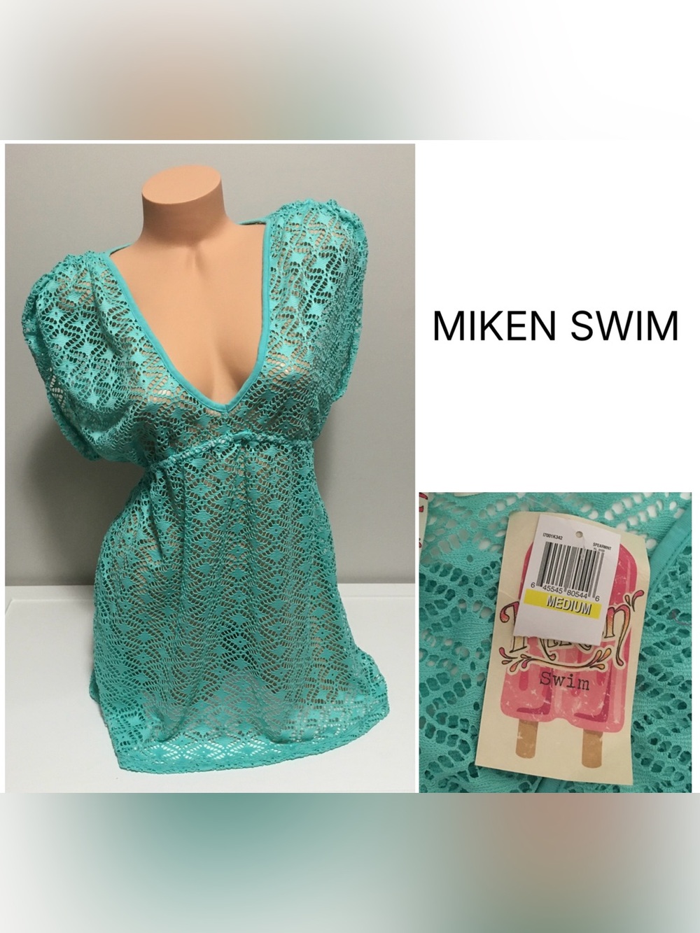 MIKEN SWIM - M - NWT - AQUA BLUE LACE CROCHET COVER UP / KAFTAN TUNIC